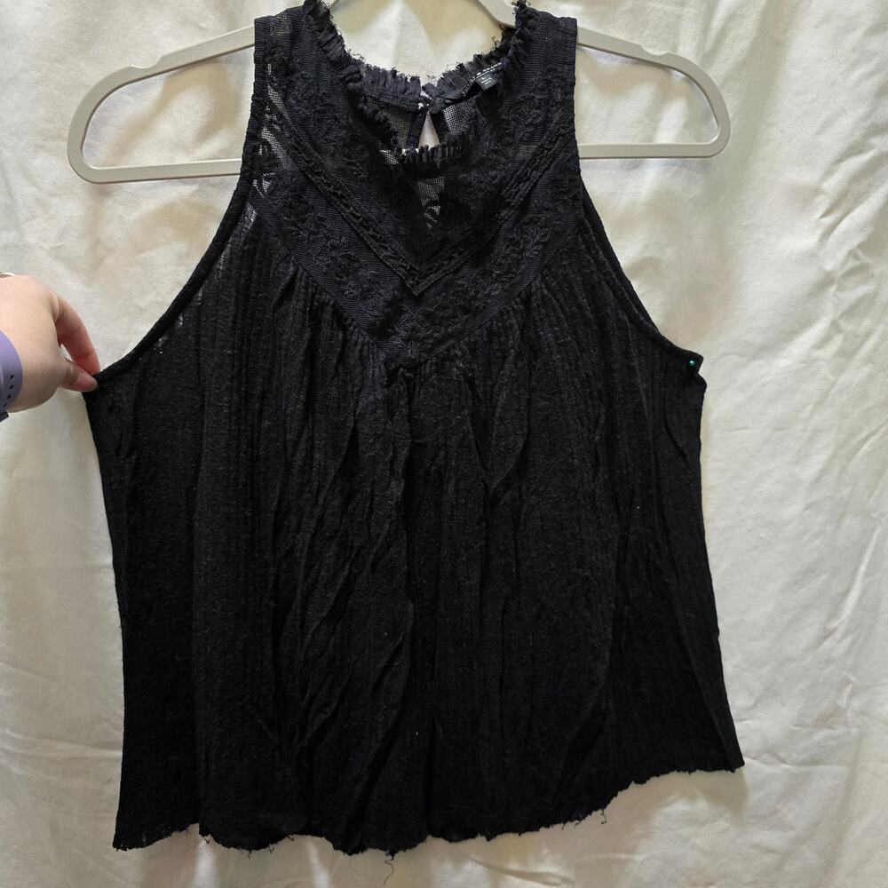 Black lace high neck sleeveless gauzy top. Goth fairy grunge indie-sleaze.